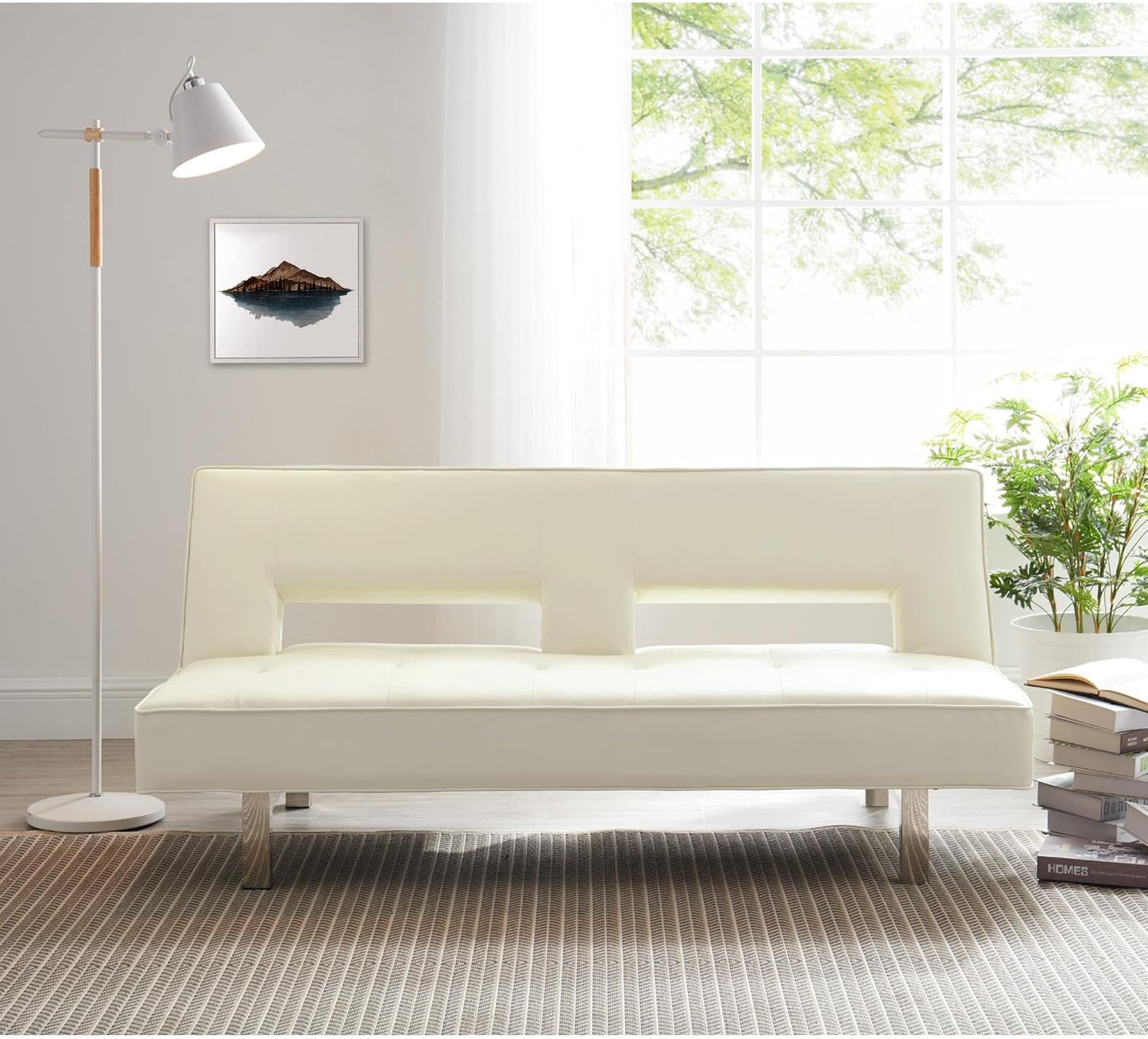 Astrid Futon Sofa Bed Faux Leather Futon Couch Modern Convertible Folding Sofa Bed Couch with Chrome Legs Reclining Mini Coach Leather Futons Small for Bedroom Living Rooms Office - Cream
