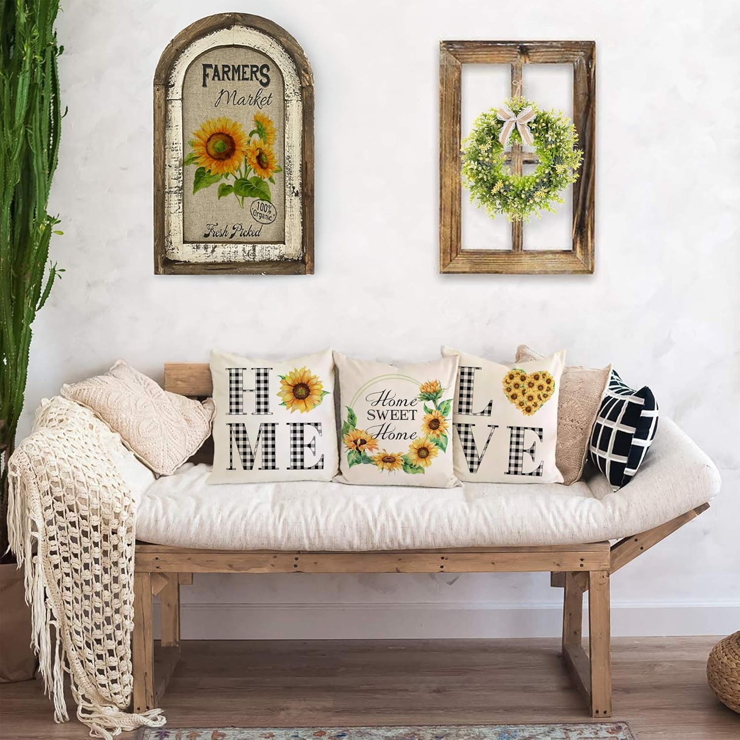 Farmhouse Sunflower Pillow Covers 18X18 Home Love Buffalo Check Plaid Truck Wreath Throw Pillowcases Set of 4 Spring Summer Decorations Cushion Covers Cotton Linen Home Sweet Home Watercolor