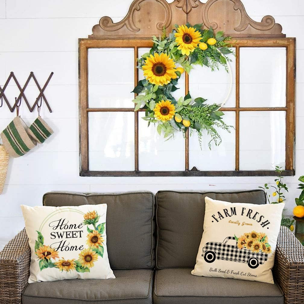 Farmhouse Sunflower Pillow Covers 18X18 Home Love Buffalo Check Plaid Truck Wreath Throw Pillowcases Set of 4 Spring Summer Decorations Cushion Covers Cotton Linen Home Sweet Home Watercolor