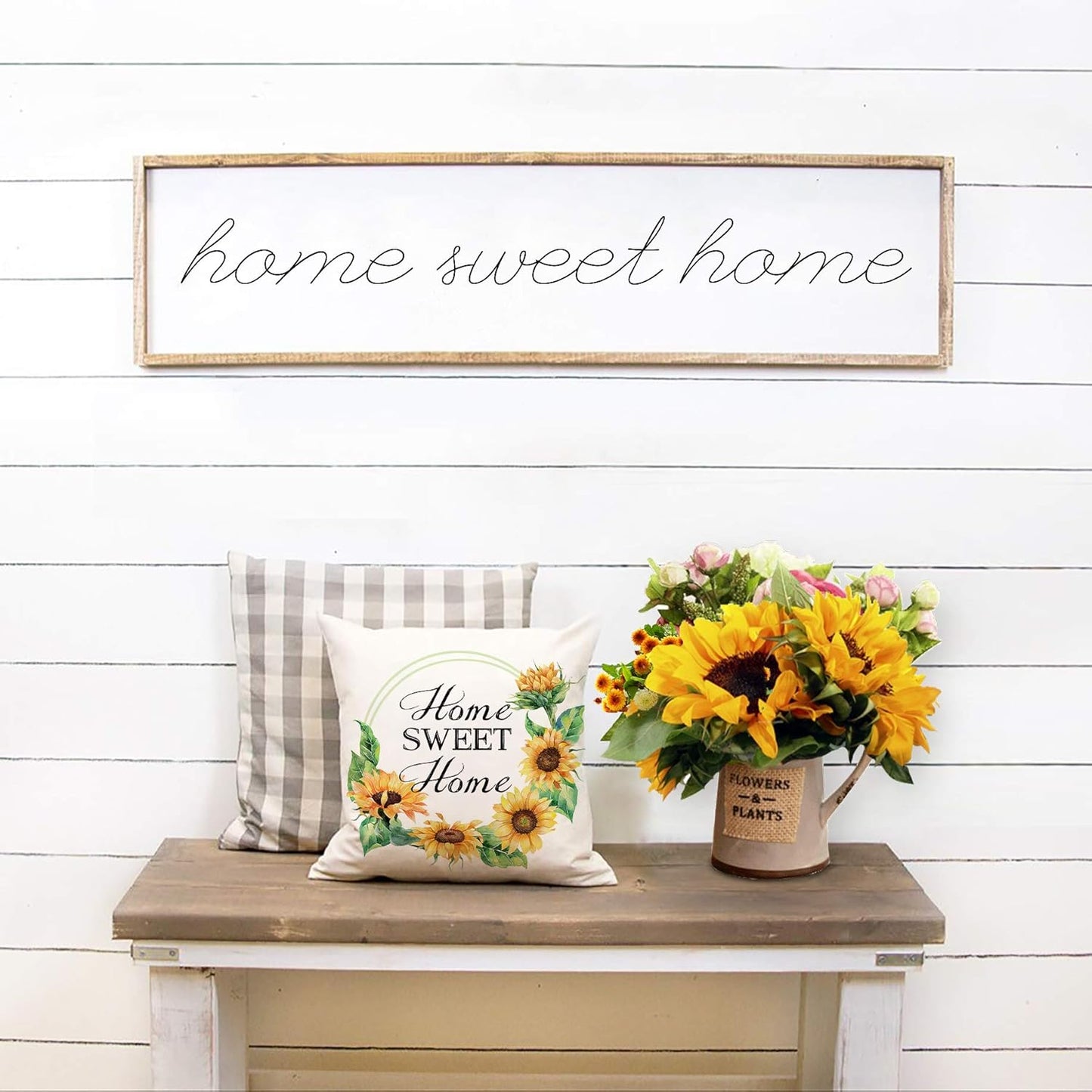 Farmhouse Sunflower Pillow Covers 18X18 Home Love Buffalo Check Plaid Truck Wreath Throw Pillowcases Set of 4 Spring Summer Decorations Cushion Covers Cotton Linen Home Sweet Home Watercolor
