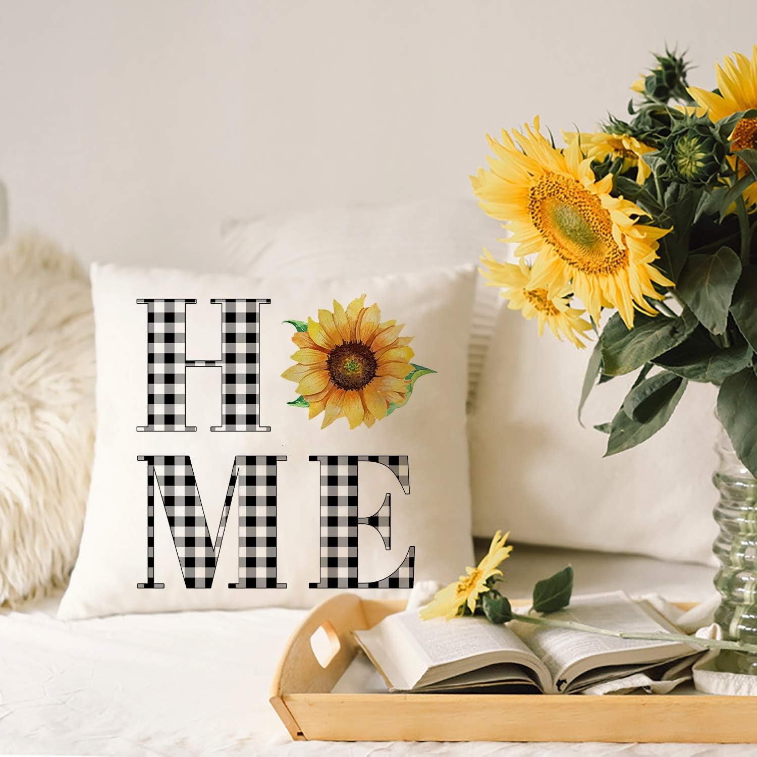 Farmhouse Sunflower Pillow Covers 18X18 Home Love Buffalo Check Plaid Truck Wreath Throw Pillowcases Set of 4 Spring Summer Decorations Cushion Covers Cotton Linen Home Sweet Home Watercolor