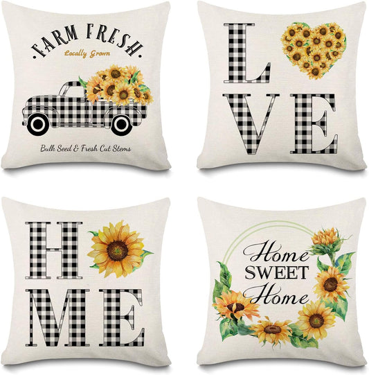 Farmhouse Sunflower Pillow Covers 18X18 Home Love Buffalo Check Plaid Truck Wreath Throw Pillowcases Set of 4 Spring Summer Decorations Cushion Covers Cotton Linen Home Sweet Home Watercolor