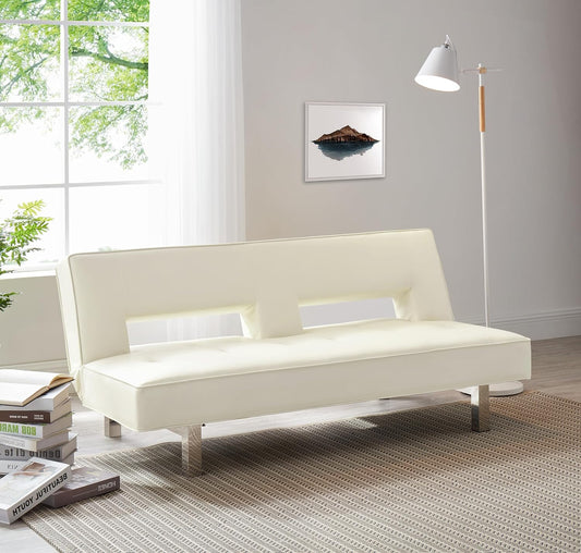 Astrid Futon Sofa Bed Faux Leather Futon Couch Modern Convertible Folding Sofa Bed Couch with Chrome Legs Reclining Mini Coach Leather Futons Small for Bedroom Living Rooms Office - Cream