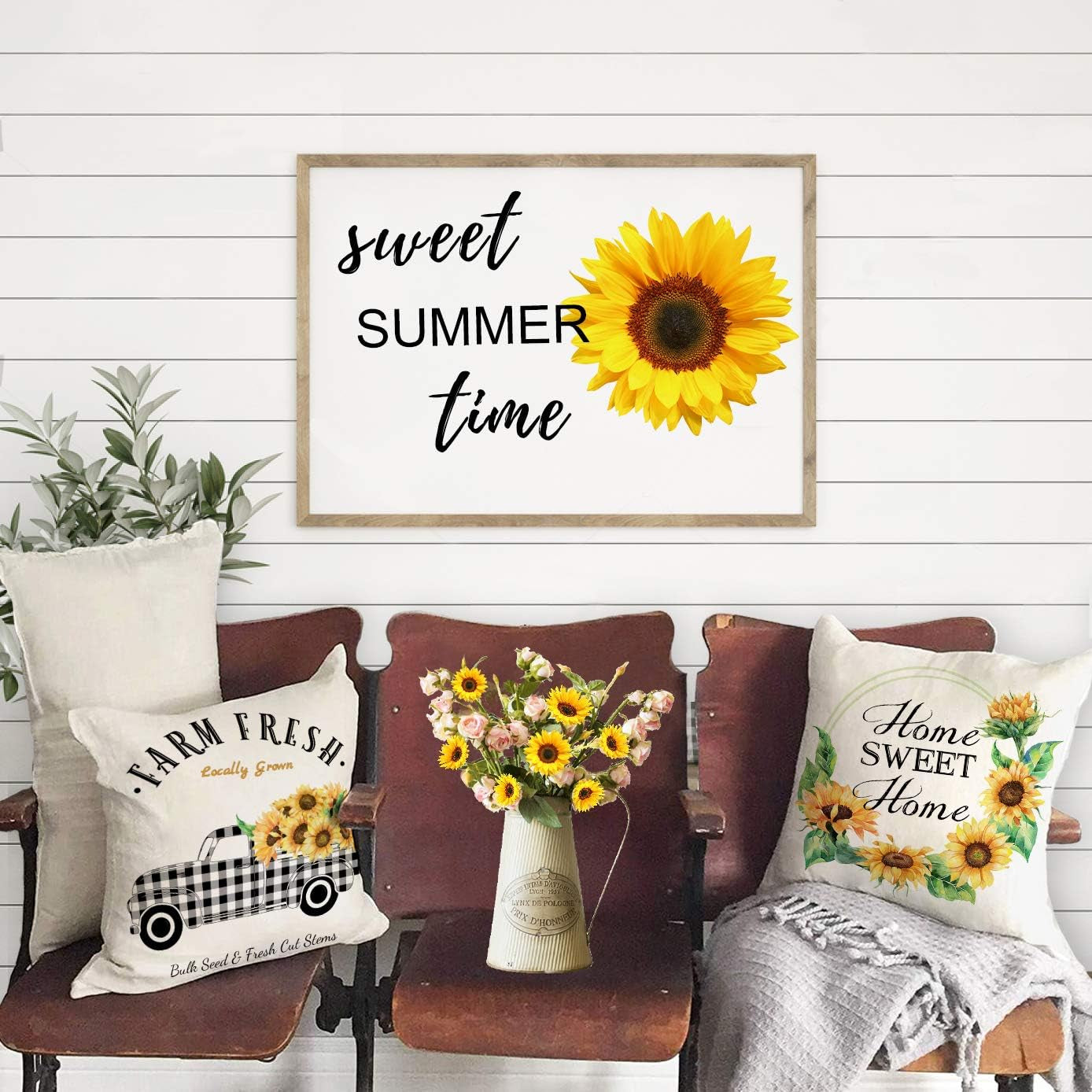 Farmhouse Sunflower Pillow Covers 18X18 Home Love Buffalo Check Plaid Truck Wreath Throw Pillowcases Set of 4 Spring Summer Decorations Cushion Covers Cotton Linen Home Sweet Home Watercolor